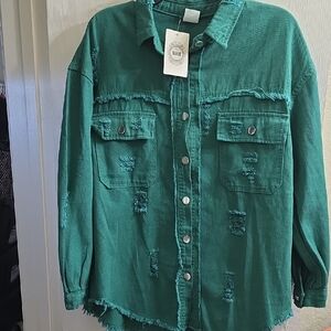 NEW Stylish Oversized Green Distressed Jean Jacket Size M